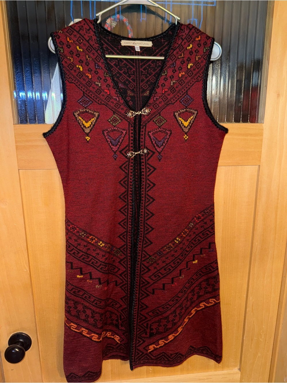 Alpaca Sweater Vest Womens Red Tribal Embroidered Boho Knit Knee Length Motif S